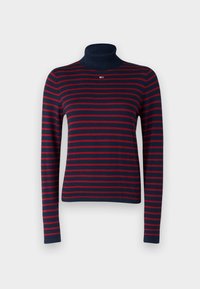 Pull à col roulé bleu marine avec des rayures rouges horizontales. Comprend des manches longues et une coupe ajustée. Petit logo près de l'encolure.