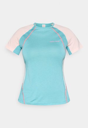 Ανοιχτό μπλε πουκάμισο με κοντά μανίκια και ροζ λεπτομέρειες. Διαθέτει στρογγυλή λαιμόκοψη και εφαρμοστή σχεδίαση, φτιαγμένο από ομαλή, υφή υφάσματος.