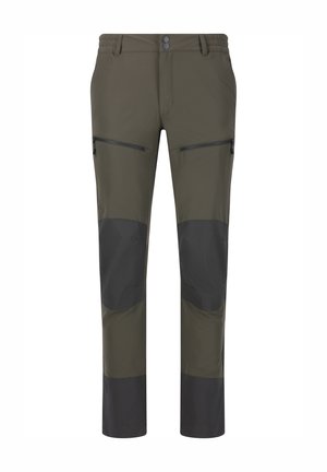 Pantalons de randonnée pour homme en vert olive, avec des genoux en patchwork gris foncé, des poches zippées latérales et une construction en tissu léger et durable.