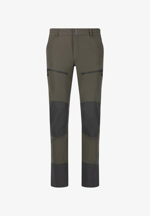 Pantalons de randonnée pour homme en vert olive, avec des genoux en patchwork gris foncé, des poches zippées latérales et une construction en tissu léger et durable.