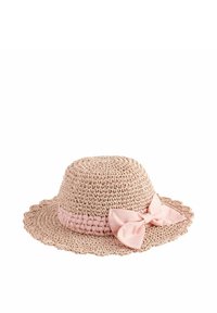 Chapeau de paille au crochet de couleur rose clair avec un bord festonné et un bandeau en ruban tissé rose orné d'un nœud à l'avant.