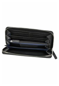 Black leather wallet with a zip closure, featuring multiple card slots and a central zippered compartment for coins. Smooth texture.