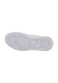 Suela de zapato de goma blanca con superficie texturizada; cuenta con un logo y un agarre con patrón. Bordes suaves y puntera redondeada.