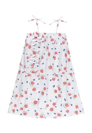 Abito bianco senza maniche con stampa di rosa rossa e petali blu, dettaglio arricciato sul davanti e spalline annodate.