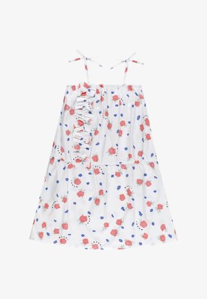 Abito bianco senza maniche con stampa di rosa rossa e petali blu, dettaglio arricciato sul davanti e spalline annodate.