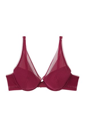 Soutien-gorge bordeaux avec des bonnets triangulaires, une superposition en maille et un motif texturé. Il dispose de fines bretelles et d'une fermeture à crochets au dos.