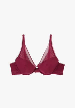 Reggiseno bordeaux con coppe triangolari, sovrapposizione in rete e motivo testurizzato. Dotato di spalline sottili e chiusura a gancio sul retro.