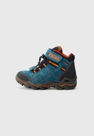 Blue and orange toddler hiking boot with black sole, Velcro strap labeled PMG1976, and elastic laces on white background.