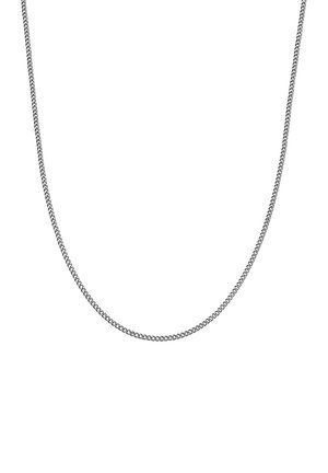 Collier en chaîne en métal argenté avec un motif tordu, d'épaisseur moyenne et d'une texture lisse, présentant un design continu et sans couture.