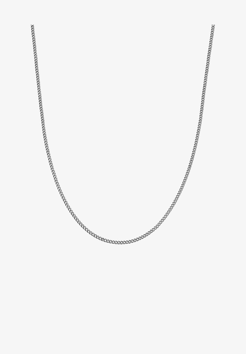 Hõbedane metallketi kaelakee, millel on keerdmuster, keskmise paksusega ja sile tekstuur, esitleb sujuvat ja katkematut disaini.