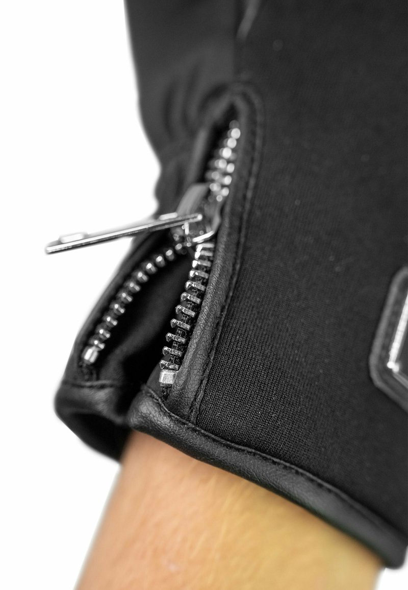 Black glove with a fabric body, featuring a zipper detail on the wrist. The cuff has a leather accent for added durability.