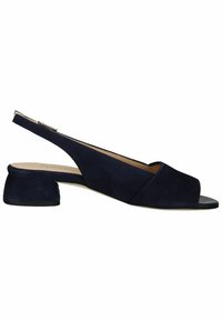 Sandal in suede blu navy con cinturino alla caviglia, punta aperta, design angolare e tacco basso a blocco. Presenta un sottile cinturino regolabile alla caviglia.