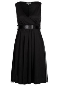 Musta mekko, jossa on V-pääntie, hihaton muotoilu, kudottua kangasta, tiukka yläosa ja kiiltävä vyökoristelu vyötäröllä.