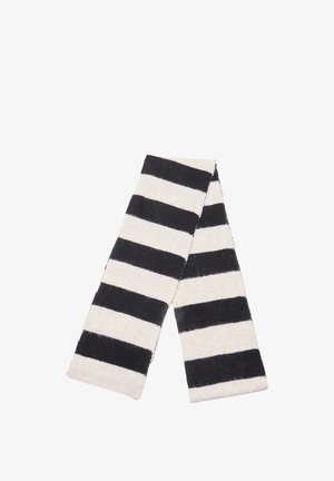 Pruhovaná šatka s striedavými čiernymi a krémovými pruhmi. Vyrobená z mäkkej tkaniny s jemnou textúrou a olemovanými okrajmi.