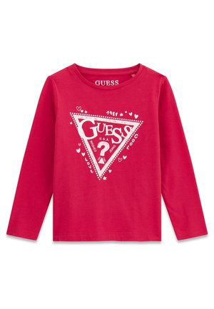 Knallrotes Langarmshirt mit weißem GUESS-Dreieck-Logo, Fragezeichen sowie kleinen Herz- und Stern-Grafiken auf der Vorderseite.
