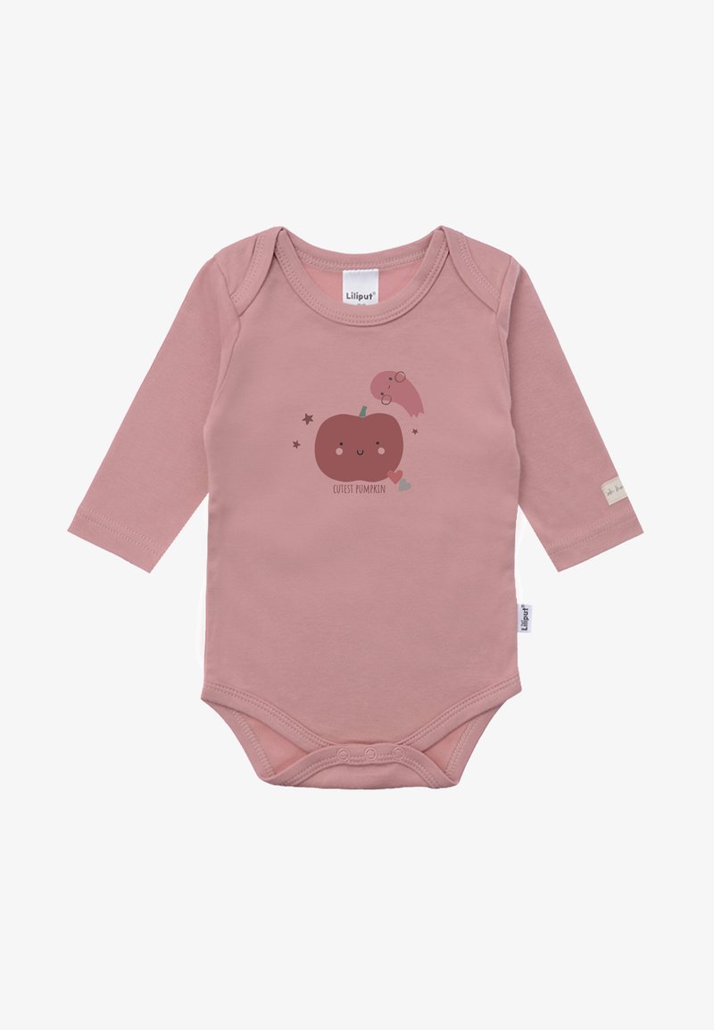 Long-sleeve pink baby bodysuit in soft cotton, featuring a graphic of a smiling pumpkin and a ghost with "Cutest Pumpkin" text.