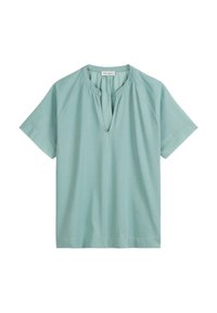 Top corto a maniche corte di colore azzurro chiaro, realizzato in un tessuto morbido e liscio, con una vestibilità morbida e scollo a V. Presenta maniche raglan e un orlo dritto.