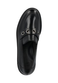 Czarne skórzane buty wsuwane z srebrnymi detalami w postaci oczek, okrągłym noskiem, gładkim wykończeniem oraz elastycznym paskiem na górze.