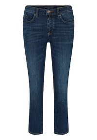 Denimjeans i mörkblått med rak benpassform, fem fickor och knappgylf. Tyget visar lätt struktur och blekningar.