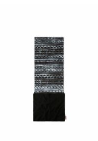 Calentador de cuello tipo bufanda en negro y gris con patrones geométricos; cuenta con una base suave de forro polar negro y una capa superior texturizada para brindar calidez.