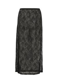 Black lace midi skirt with a sheer design, featuring a fitted waistband and intricate floral patterns throughout the fabric.