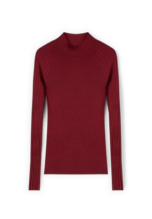 Bordeaux lange mouwen trui met een hoge ribbelhals, met verticale ribbels en een nauwsluitend ontwerp door de mouwen en het lichaam.