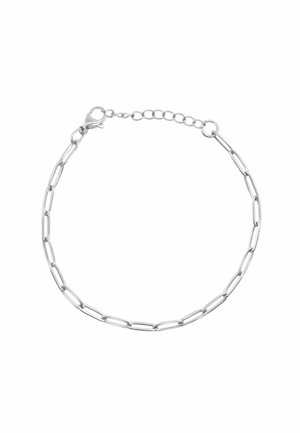 Silberarmband mit länglichen ovalen Gliedern und verstellbarem Verschluss auf weißem Hintergrund.