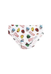 Slip in cotone bianco con un motivo ripetuto di volti di supereroi e loghi Marvel in colori rosso, verde, blu e giallo.