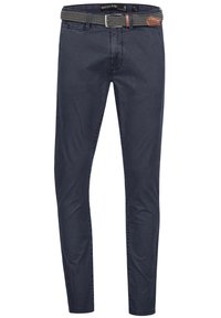 Navy blue stretch jeans with a slim fit, featuring a patterned woven belt and a brown leather patch on the waistband. Smooth, durable fabric.