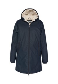 Cappotto blu scuro con cappuccio e fodera in pelliccia sintetica, dotato di tasche laterali con cerniera e chiusura frontale con cerniera. Texture esterna liscia.