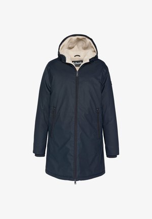 Cappotto blu scuro con cappuccio e fodera in pelliccia sintetica, dotato di tasche laterali con cerniera e chiusura frontale con cerniera. Texture esterna liscia.