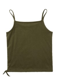 Oliwkowy top na ramiączkach wykonany z miękkiego materiału, z cienkimi paskami i ściągaczem u dołu dla regulowanego dopasowania. Gładka tekstura, casualowy design.