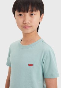 Šviesiai mėlyna medvilninė marškinėliai su apvaliu iškirpimu ir trumpomis rankovėmis, kairėje krūtinės pusėje turi raudoną Levi's logotipo užsegimą. Lygi tekstūra.