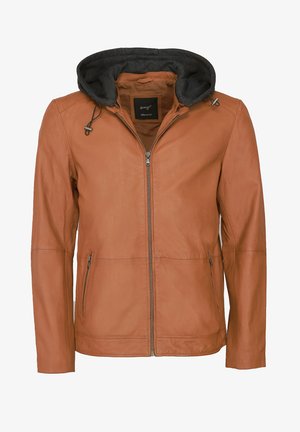 Brun læderjakke med grå hætte, som har en frontlynlås, to sidelommer og en glat overflade. Detaljer omfatter justerbare snore.