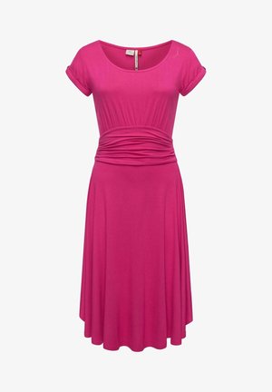 Robe rose vif mi-longue avec manches courtes, col rond et détail froncé à la taille.