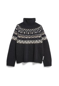 Dunkelgrauer Rollkragenpullover aus grob gestrickter Wolle. Verfügt über ein Fair-Isle-Muster in Elfenbein und Hellgrau an der Schulterpartie. Rippbündchen an den Ärmeln und am Saum.