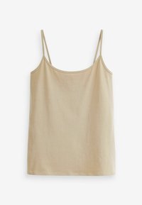 Beige tank top, mis pehmeast kangast, õhukeste reguleeritavate õlgadega ja ümara kaelusega. Sile tekstuur, ilma mustrite või kaunistusteta.