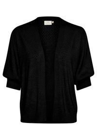 Czarny sweter kardigan z otwartym przodem, wykonany na drutach, z rękawami o długości trzech kwart, bufkowymi i ściągaczami na mankietach, oznaczony rozmiarem średnim przez markę Kaffe.