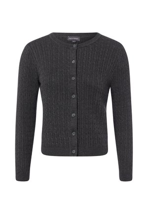 Dunkelgraue Strickjacke mit Zopfmuster, langen Ärmeln und rundem Ausschnitt, vorne geknöpft.