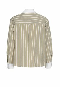 Striped beige and white long-sleeve shirt, featuring a white collar, pleat detail at the back, and buttoned cuffs.