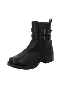 Schwarze Lederstiefelette mit zwei horizontalen Riemen und Schnallen, runder Zehenform, niedrigem Blockabsatz und einer Schlaufe an der Rückseite für einfaches An- und Ausziehen.