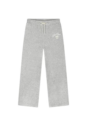 Lichtgrijze sweatpants met wijd uitlopende pijpen, een elastische tailleband en een witte trekkoord, met een klein geborduurd logo op de rechterdij en heup.
