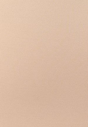 Tejido de canalé beige con una textura suave, que presenta líneas verticales. Material suave y elástico, adecuado para diversas prendas.
