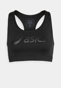 Sujeción negra con una tela suave y elástica; cuenta con un diseño tipo racerback y un logotipo reflectante de ASICS en la parte delantera. Talla: Mediana.