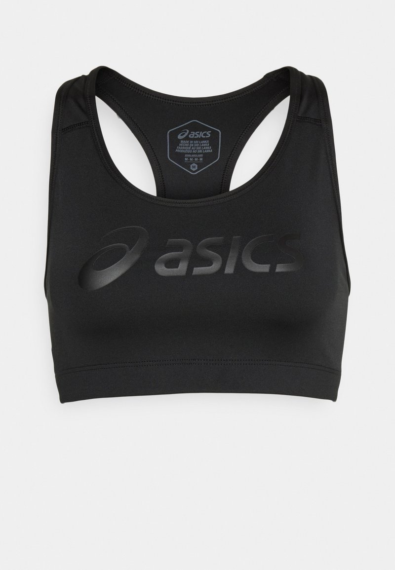 Sujeción negra con una tela suave y elástica; cuenta con un diseño tipo racerback y un logotipo reflectante de ASICS en la parte delantera. Talla: Mediana.