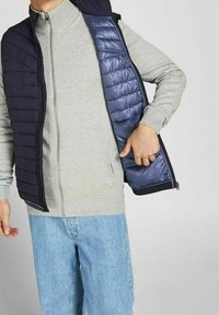 Tmavě modrá prošívaná vesta přes světle šedou mikinu na zip, doplněná světle modrými džínami. Má hladkou vnitřní podšívku a žebrované manžety.