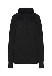 Schwarzer Hoodie aus weichem Stoff. Verfügt über einen hohen Kragen mit Kordelzug, gerippte Bündchen und eine lockere Passform. Keine Muster oder Logos sichtbar.