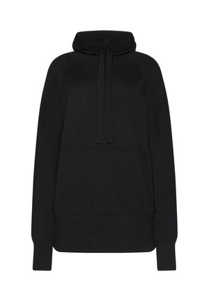 Svart hoodie av mjukt tyg. Har hög krage med dragsnören, ribbade muddar och en avslappnad passform. Inga mönster eller logotyper synliga.