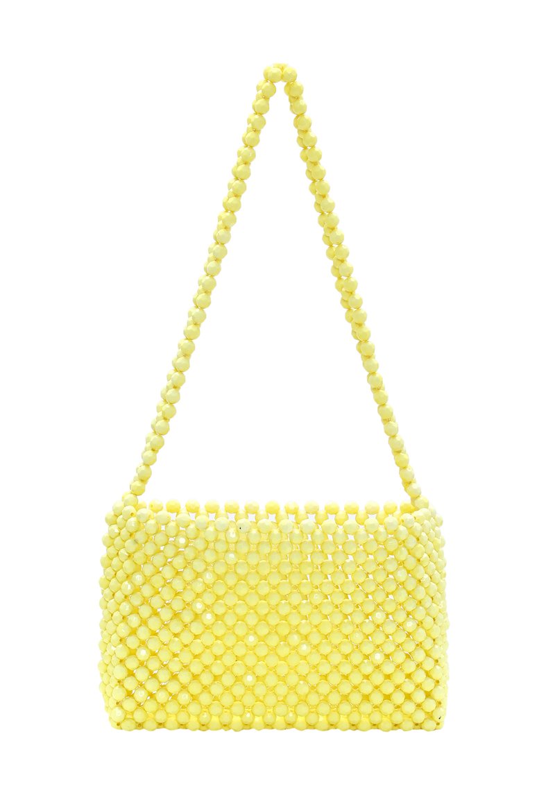 Borsa a tracolla gialla di forma rettangolare. Presenta una superficie texturizzata creata da piccole perline sferiche.