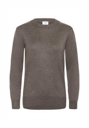 Pull en tricot marron avec un col rond, orné de petites paillettes dorées sur le dessus. Les poignets et le bas côtelés complètent le design.